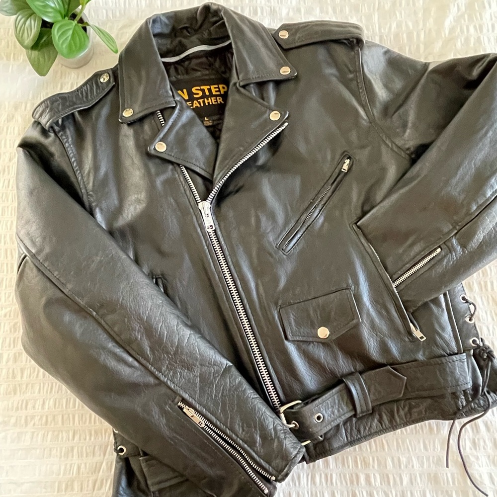 Mens Leather Motorcycle Jacket with laced up sides and removable inside liner.